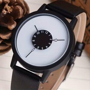 Minimalist Unique Dial Watch Unisex Analog Quartz with Black Faux Leather Band